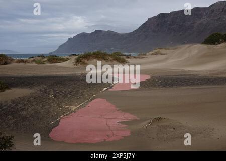 Resti di una costruzione tra dune di sabbia nella spiaggia di Famara, con il risco de Famara sullo sfondo. Lanzarote, isole Canarie. Foto Stock