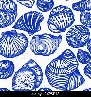 Motivo a conchiglia blu azzurro bianco con sfondo batik senza cuciture in lino, moderno cottage costiero sulla spiaggia rustico stampa a conchiglia design a motivi per la casa Foto Stock