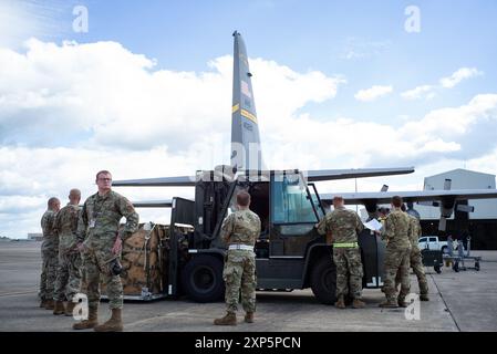 I membri della squadra di carico del 171st Air Refueling Wing si preparano a caricare il carico su un aereo C-130 “Hercules”, assegnato al 103rd Airlift Wing, per il transito aereo a sostegno dell’esercitazione Iron Keystone 24», 7 giugno 2024, vicino a Pittsburgh, Pennsylvania. Exercise Iron Keystone è un esercizio multi-Wing, multi-servizio e multi-nazione progettato per testare le capacità di prontezza dei membri del servizio in un ambiente controllato simulato. (Foto della U.S. Air National Guard di William Shapiro) Foto Stock