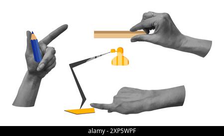 Ritorno a scuola collage con le mani mezzitoni. Cartoline, notebook, banner di design di tendenza. Illustrazione vettoriale. Illustrazione Vettoriale