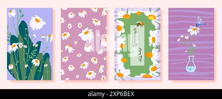 Set Summer poster Frame Wildflowers White daisy bee libellula lussureggiante vegetazione semplice Wild Wild Wild Wild Wild Fiore modello carta da parati tessuto verticale Wallpaper textile cute Vector Illustrazione Vettoriale