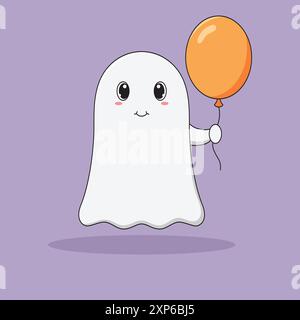 Carino fantasma di Cartoon con Orange Balloon in mano. Illustrazione vettoriale del personaggio di Halloween su sfondo viola. Illustrazione Vettoriale