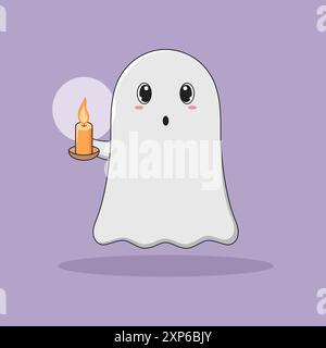 Simpatico piatto di fantasma di cartone animato con candela. Illustrazione vettoriale del personaggio di Halloween su sfondo viola. Illustrazione Vettoriale