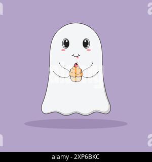 Carino fantasma di Cartoon sorridente e in mano una piccola Cupcake con ciliegia. Illustrazione vettoriale del personaggio di Halloween su sfondo viola. Illustrazione Vettoriale