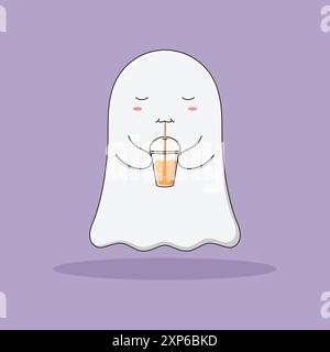 Carino Cartoon Ghost con una tazza di succo d'arancia. Illustrazione vettoriale del personaggio di Halloween su sfondo viola. Il fantasma carino beve Orange Soda. Illustrazione Vettoriale