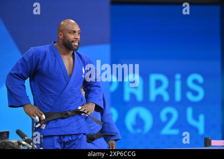 Parigi, Francia. 3 agosto 2024. Teddy Riner della squadra francese durante la finale a squadre miste Judo dell'ottavo giorno dei Giochi Olimpici di Parigi 2024 agli Champs-de-Mars Arena il 3 agosto 2024 a Parigi, Francia. Foto di Laurent Zabulon/ABACAPRESS. COM credito: Abaca Press/Alamy Live News Foto Stock