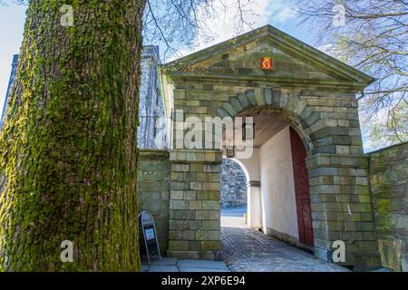 Un sentiero in pietra conduce attraverso una grande porta ad arco verso la storica fortezza di Bergenhus. La torre in stile medievale e le mura in pietra creano un senso di Foto Stock