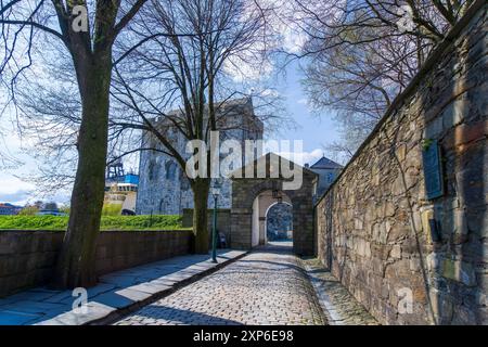 Un sentiero in pietra conduce attraverso una grande porta ad arco verso la storica fortezza di Bergenhus. La torre in stile medievale e le mura in pietra creano un senso di Foto Stock