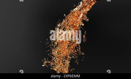 Birra alcolica 3D spruzzata su liquido turbolento nero bg rendering 3d. Foto Stock