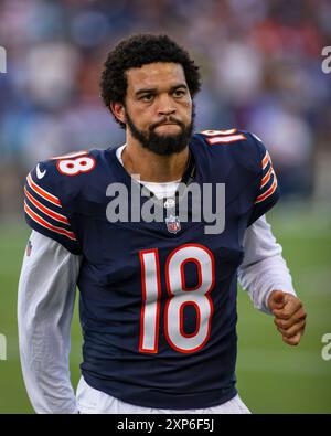 1 agosto 2024: Il quarterback rookie n. 18 dei Chicago Bears Caleb Williams si scalda prima della gara di Hall of Fame contro gli Houston Texans a Canton, OHIO. Mike Wulf/CSM Foto Stock