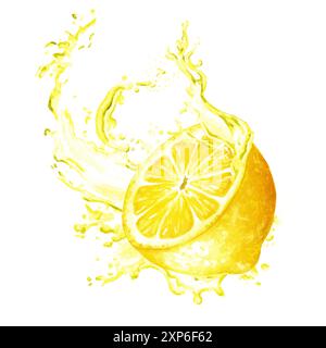 Spruzzo di succo di limone. Illustrazione ad acquerello disegnata a mano isolata su sfondo bianco Foto Stock