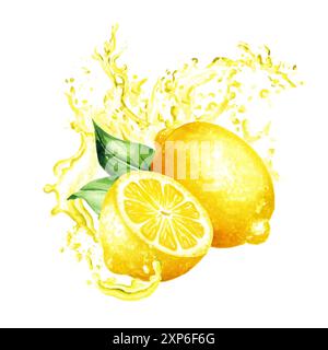 Spruzzo di succo di limone. Illustrazione ad acquerello disegnata a mano, isolata su sfondo bianco Foto Stock