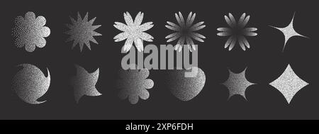 Collezione di figure e forme tratteggiate astratte retrò con effetto fotocopia. Texture granulosa con rumore vettoriale Illustrazione Vettoriale