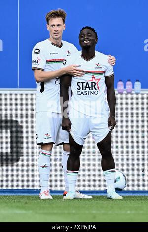 Lovanio, Belgio. 3 agosto 2024. Mathieu Maertens dell'OHL e Ignace Ndri dell'OHL nella foto di una partita di calcio tra OH Leuven e KRC Genk, sabato 03 agosto 2024 a Lovanio, il giorno 2 della stagione 2024-2025 della prima divisione del campionato belga "Jupiler Pro League". BELGA FOTO JOHAN EYCKENS credito: Belga News Agency/Alamy Live News Foto Stock