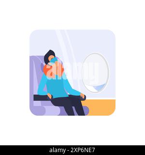 Uomo seduto accanto alla finestra dell'aereo con oblò chiuso, che dorme con cuscino per collo e immagine vettoriale della maschera Illustrazione Vettoriale