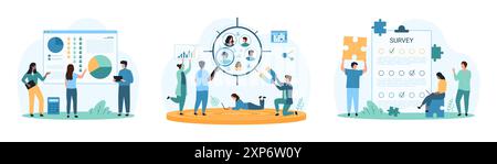 Analisi sociologica, gruppo di ricerca focalizzato sul cliente. Le persone più piccole studiano il grafico a torta infografico della distribuzione della società e del comportamento dei consumatori in AIM, controllano i risultati del sondaggio l'illustrazione vettoriale dei cartoni animati Illustrazione Vettoriale