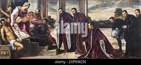 MADONNA CON IL BAMBINO IN TRONO CON I SANTI SEBASTIANO, MARCO E TEODORO, VENERATI DA TRE CAMERLENGHI E DAI LORO SEGRETARI (MADONNA DEI TESORIERI) JACOPO ROBUSTI RETTO JACOPO TINTORETTO Foto Stock