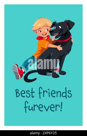 Sorridente ragazzo biondo che abbraccia un grande cane nero felice. Illustrazione isolata con vettore piatto Illustrazione Vettoriale