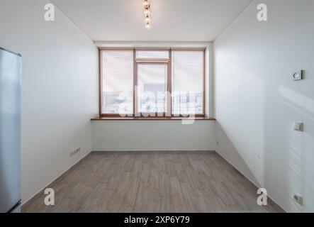 Vuoto, non c'è spazio interno del salotto. Soffitto bianco, pareti e cornice in legno di colore marrone scuro. Lituania. Luce solare. Grandangolo Foto Stock