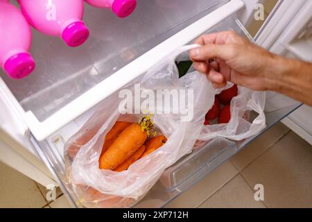 Una mano apre un sacchetto di plastica contenente carote che hanno iniziato a germogliare. Foto Stock