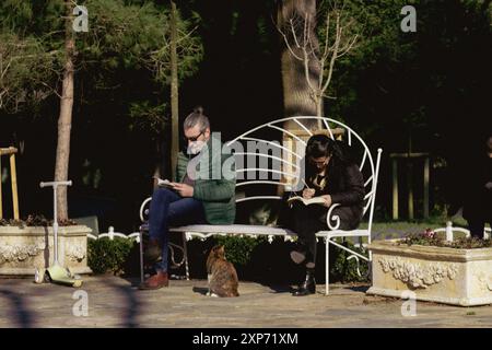 Urban Serenity: Due persone e un gatto che si godono un momento tranquillo nel parco Foto Stock