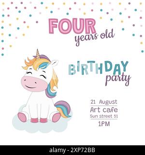 Invito alla festa di compleanno di 4 anni con unicorno Foto Stock