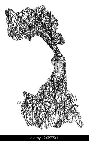 Mappa simbolo della Provincia di Vercelli (Italia) che mostra lo stato con linee nere, incrociate come bastoncini Mikado o ragnatela Illustrazione Vettoriale