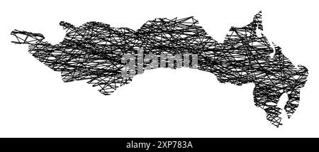 Mappa simbolo della Provincia di Rovigo (Italia) che mostra lo stato con linee nere, incrociate come bastoncini Mikado o ragnatela Illustrazione Vettoriale