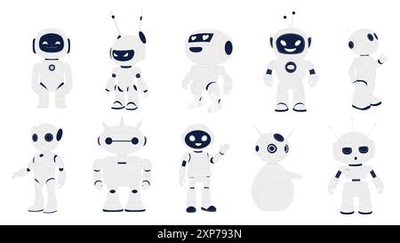 Simpatici robot, assistenti intelligenti artificiali. Divertente androide bianco futuristico, chatbot digitali e macchine con cuore occhi e antenna, mascotte con tecnologia IA intelligente illustrazione vettoriale dei cartoni animati Illustrazione Vettoriale