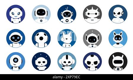 Adorabili avatar robot. Chatta i bot con espressioni diverse sul volto, felice e triste android, personaggio ai con orecchie e antenna, illustrazione vettoriale della collezione di assistenti intelligenti Illustrazione Vettoriale