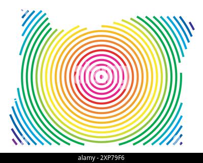 Mappa dei simboli dello Stato dell'Oregon (Stati Uniti d'America). Mappa astratta che mostra lo stato con cerchi concentrici nei colori dell'arcobaleno, come una ripresa Illustrazione Vettoriale