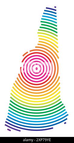 Mappa dei simboli dello Stato del New Hampshire (Stati Uniti d'America). Mappa astratta che mostra lo stato con cerchi concentrici in colori arcobaleno come uno shoo Illustrazione Vettoriale