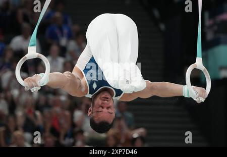 Parigi, Francia. 4 agosto 2024. Samir Ait ha detto della Francia si esibisce sugli anelli durante la finale di ginnastica maschile ai Giochi Olimpici di Parigi del 2024 a Parigi, in Francia, domenica 4 agosto 2024. Foto di Pat Benic/UPI credito: UPI/Alamy Live News Foto Stock