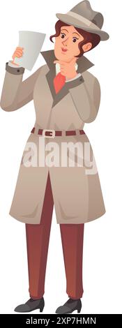 Detective donna che pensa. Indagine sul crimine. Ispettore femmina isolato su sfondo bianco Illustrazione Vettoriale