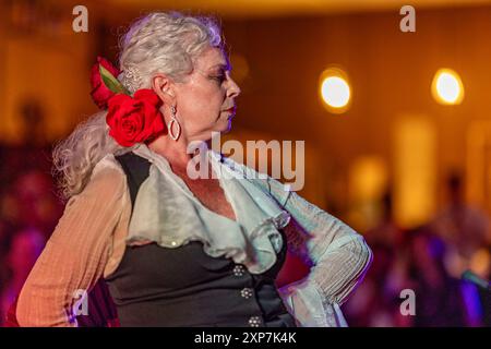 Santa Barbara, Stati Uniti. 3 agosto 2024. La ballerina di flamenco Maya De Silva e Tablao Flamenco celebra il 100° anniversario dei vecchi giorni spagnoli con una performance al Legacy Art di Santa Barbara, CA, il 3 agosto 2024. (Foto di Rod Rolle/Sipa USA) credito: SIPA USA/Alamy Live News Foto Stock