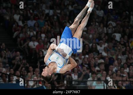 Parigi, Francia. 4 agosto 2024. Nazar Chepurnyi dell'Ucraina gareggia nelle finali della Vault di ginnastica maschile ai Giochi Olimpici di Parigi 2024 a Parigi, Francia, domenica 4 agosto 2024. Foto di Pat Benic/UPI credito: UPI/Alamy Live News Foto Stock