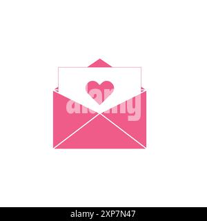 Busta rosa con icona Vector romantica. Nella busta c'è una carta con un cuore. Illustrazione di una lettera d'amore in stile piatto. Illustrazione Vettoriale