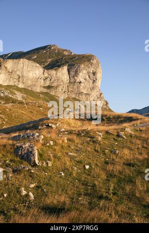 Scogliera rocciosa durante un tramonto estivo in una natura selvaggia delle montagne del Durmitor, Montenegro Foto Stock