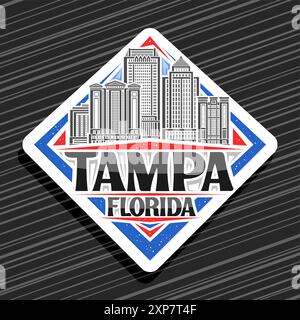 Logo vettoriale per Tampa, insegna bianca decorativa a rombi con semplice illustrazione del famoso paesaggio urbano della baia di tampa, magnete per frigorifero con design artistico e u Illustrazione Vettoriale