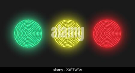 Cerchi luminosi composti da LED. Semafori di colore rosso, giallo e verde. Illustrazione vettoriale. Illustrazione Vettoriale