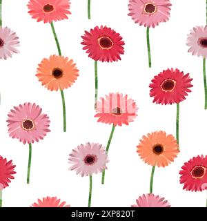 Fiori Gerbera motivo floreale senza cuciture. Sfondo margherita colorato ad acquerello vettoriale Illustrazione Vettoriale