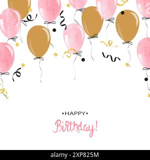 Palloncino color rosa acquerello e oro. Biglietto per buon compleanno. Sfondo celebrazione vettoriale Illustrazione Vettoriale