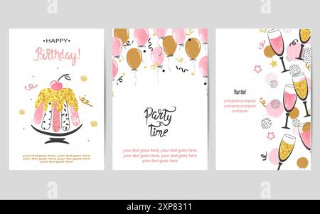 Cartoline di buon compleanno in rosa e oro. Poster vettoriali per festeggiare con torta di compleanno e palloncini Illustrazione Vettoriale