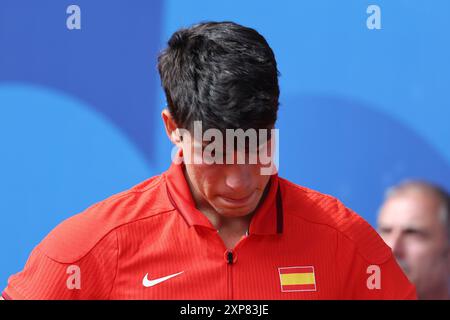 Parigi, Francia. 4 agosto 2024. Carlos Alcaraz durante la finale di Tennis maschile alle Olimpiadi estive 2024, domenica 4 agosto 2024, a Parigi, Francia. ( Crediti: LaPresse/Alamy Live News Foto Stock