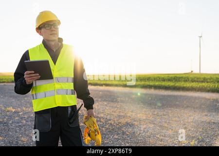 Ingegnere con tablet digitale controlla le turbine eoliche. Foto Stock