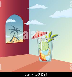 Cocktail tropicale. Bicchiere di cocktail alcolico o non alcolico con fette di arancio e lime e ombrello decorativo rosso si erge di fronte all'esotico Illustrazione Vettoriale