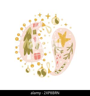 Emblema rotondo con baule natalizie. Felice anno nuovo composizione circolare. Illustrazione piatta disegnata a mano vettoriale isolata su sfondo bianco. Illustrazione Vettoriale