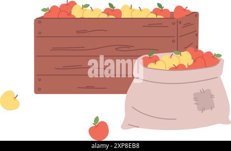 Mele in scatola di legno e sacco di tela. Illustrazione della mietitura da giardino isolata su sfondo bianco Illustrazione Vettoriale