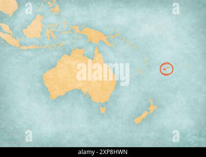 Figi sulla mappa dell'Australasia (Oceania) in morbido grunge e stile vintage, come carta vecchia con pittura ad acquerello. Foto Stock