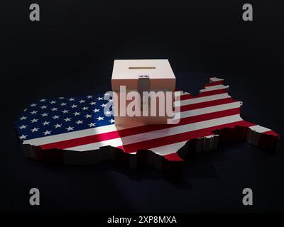 Rendering 3D della casella di voto posizionata sulla mappa 3d degli Stati Uniti con la bandiera nazionale degli Stati Uniti imposta Foto Stock
